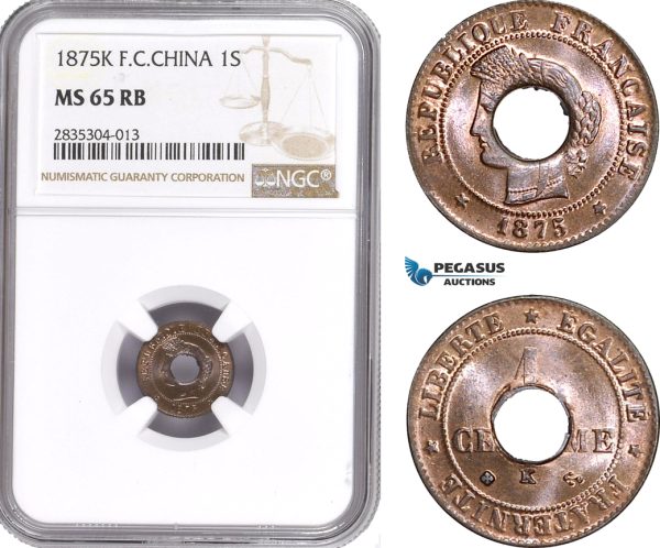 AE110, French Cochin-China, 1 Sapeque 1875-K, Bordeaux, NGC MS65RB, Top Pop!