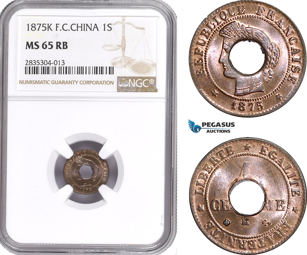 AE110, French Cochin-China, 1 Sapeque 1875-K, Bordeaux, NGC MS65RB, Top Pop!