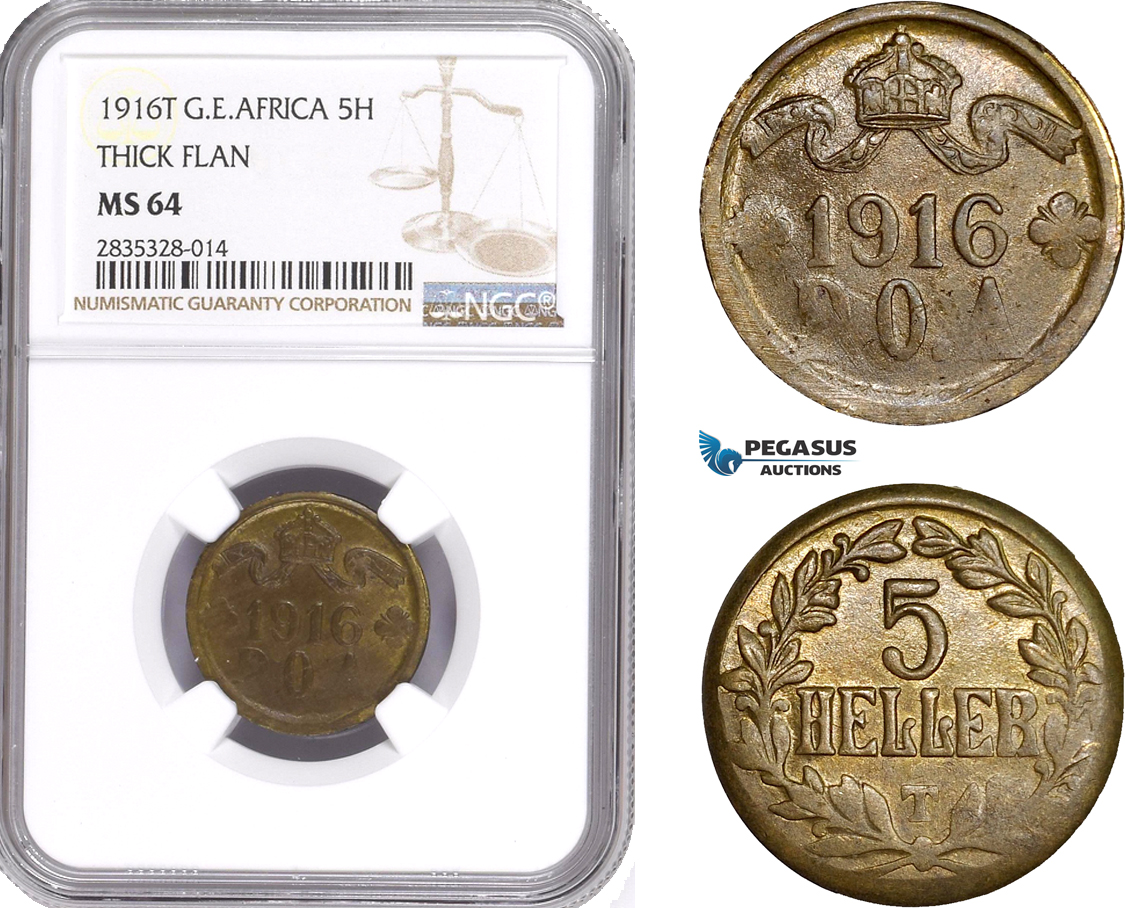 AE114, German East Africa (DOA) 5 Heller 1916-T, Tabora, Thick Flan, NGC MS64, Top Pop!
