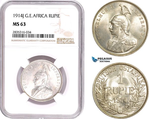AE115, German East Africa (DOA) Wilhelm II, Rupee 1914-J, Hamburg, Silver, NGC MS63