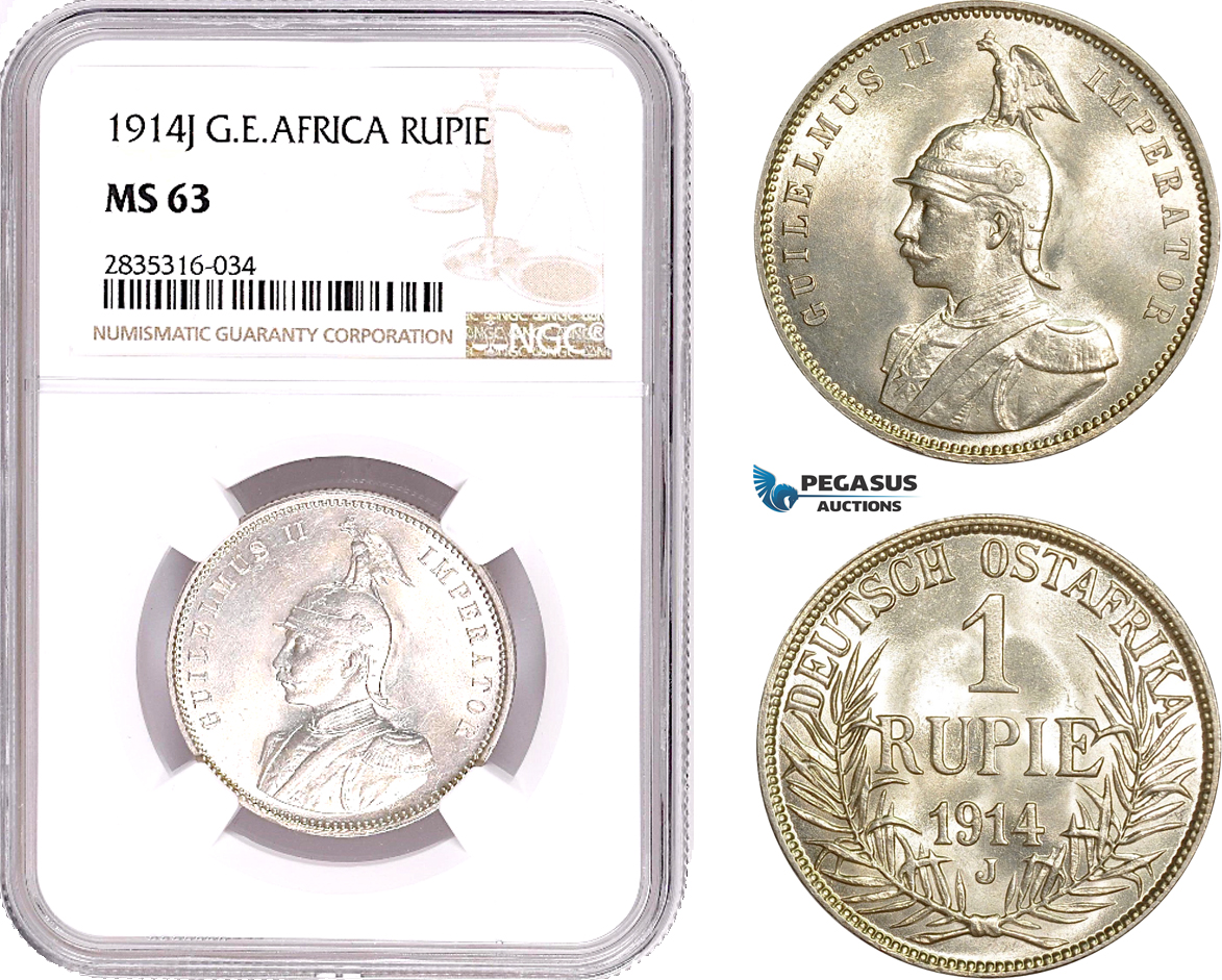AE115, German East Africa (DOA) Wilhelm II, Rupee 1914-J, Hamburg, Silver, NGC MS63