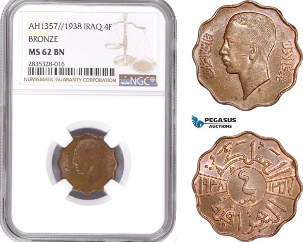 AE121, Iraq, Ghazi I, 4 Fils AH1357/1938, NGC MS62BN