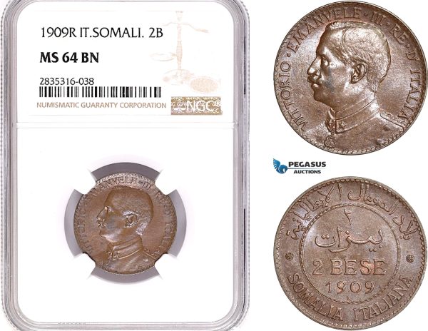 AE125, Italian Somaliland, Vitt. Emanuele III, 2 Bese 1909-R, Rome, NGC MS64BN