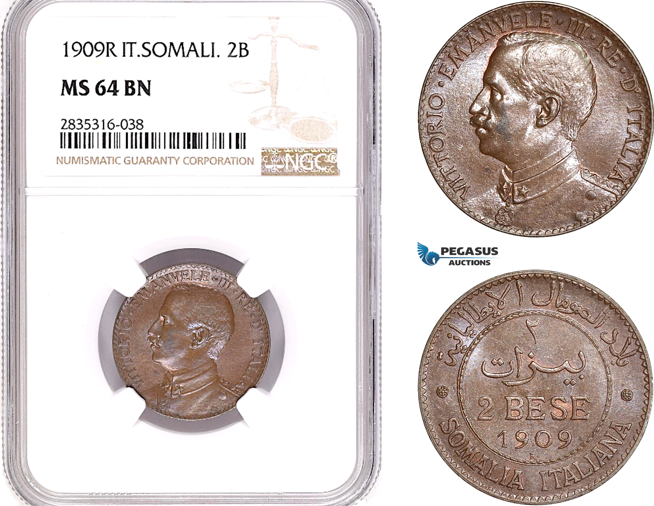 AE125, Italian Somaliland, Vitt. Emanuele III, 2 Bese 1909-R, Rome, NGC MS64BN