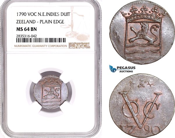 AE135, Netherlands East Indies (VOC) Duit 1790, Zeeland, Plain edge, NGC MS64BN