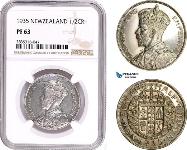 AE140, New Zealand, George V, 1/2 Crown 1935, London, Silver, NGC PF63