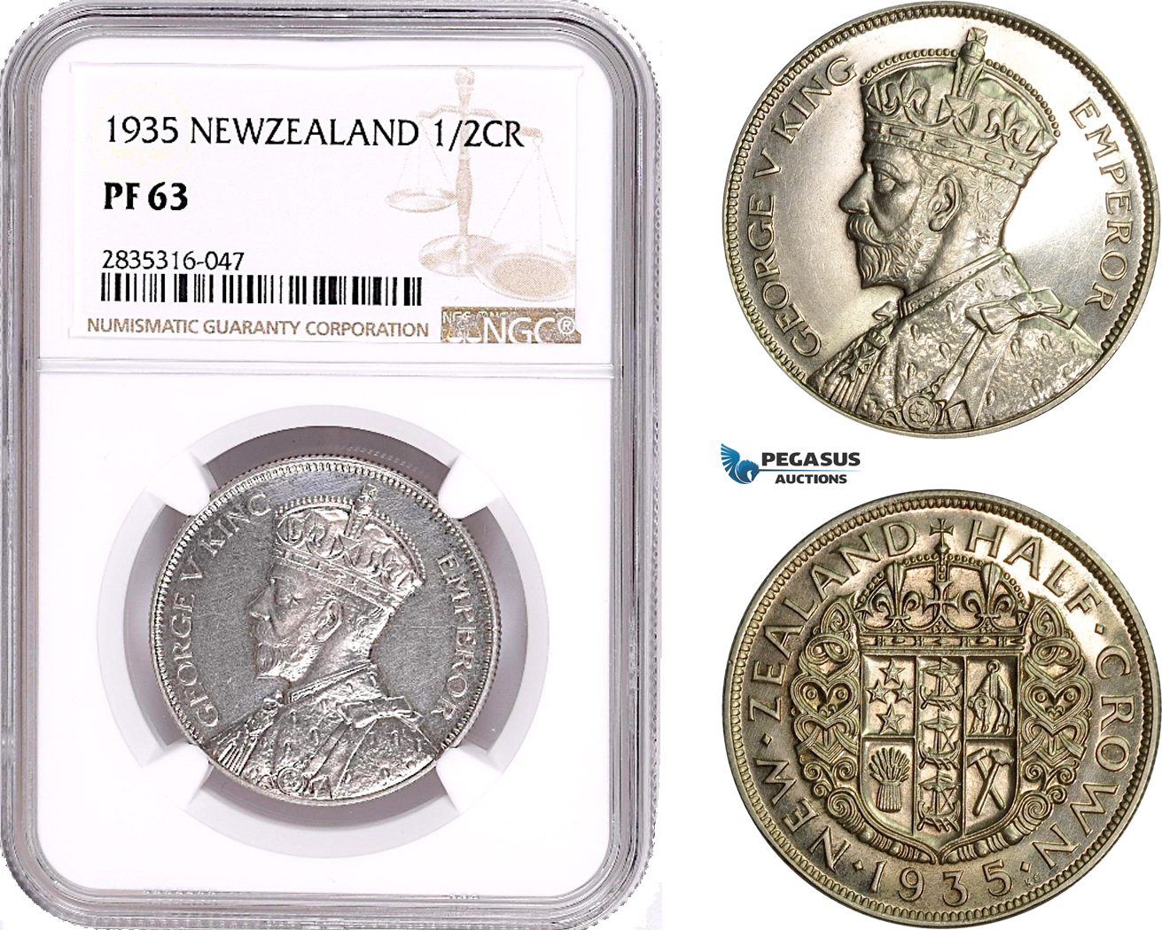 AE140, New Zealand, George V, 1/2 Crown 1935, London, Silver, NGC PF63