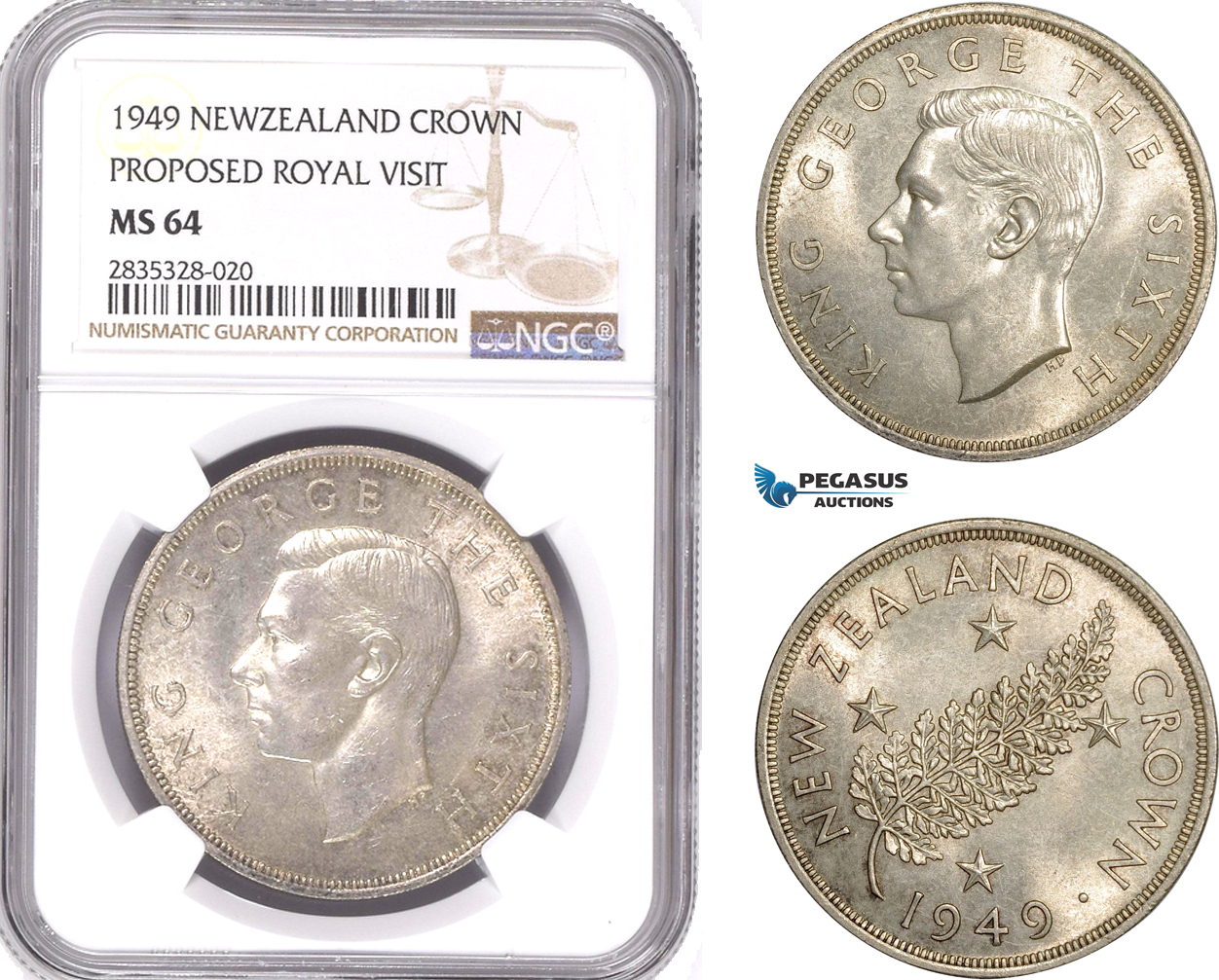 AE141, New Zealand, George VI, Crown 1949, Silver, Proposed Royal Visit, NGC MS64