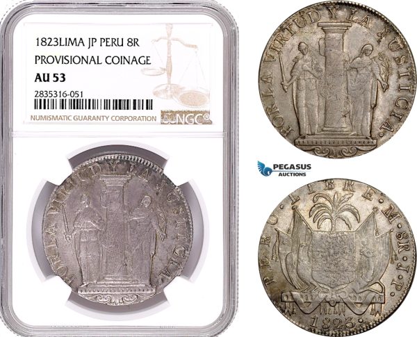 AE145, Peru, Provisional Coinage, 8 Reales 1823 LIMA JP, Silver, NGC AU53