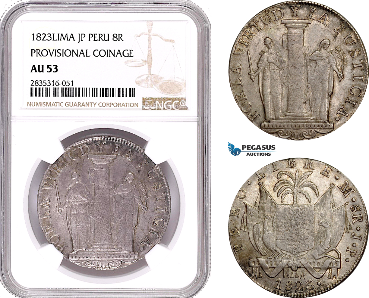 AE145, Peru, Provisional Coinage, 8 Reales 1823 LIMA JP, Silver, NGC AU53