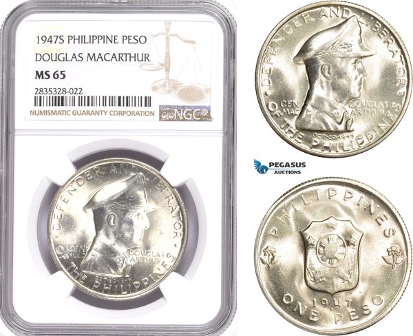 AE146, Philippines, Peso 1947-S, San Francisco, Silver, "Douglas Macarthur" NGC MS65
