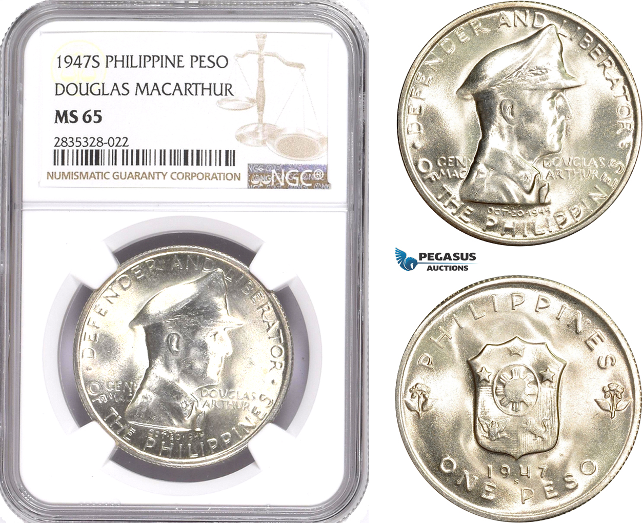 AE146, Philippines, Peso 1947-S, San Francisco, Silver, "Douglas Macarthur" NGC MS65