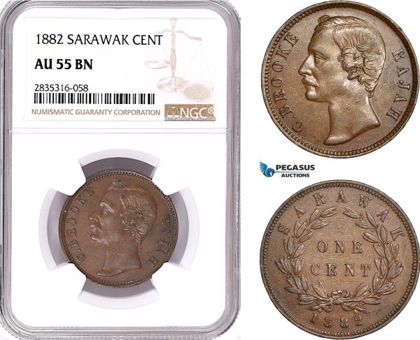 AE164, Sarawak, C. Brooke Rajah, 1 Cent 1882, NGC AU55BN