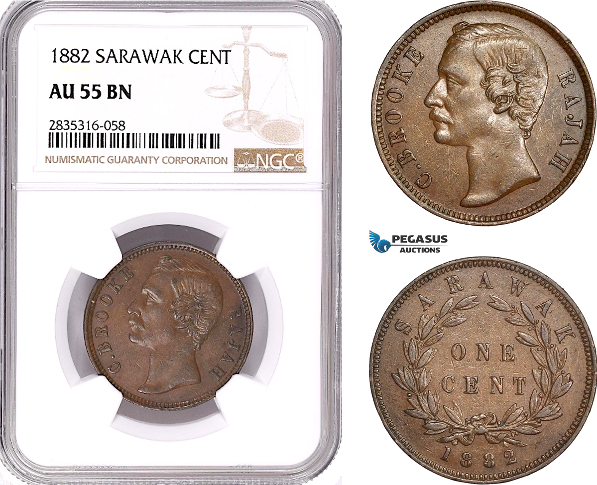 AE164, Sarawak, C. Brooke Rajah, 1 Cent 1882, NGC AU55BN