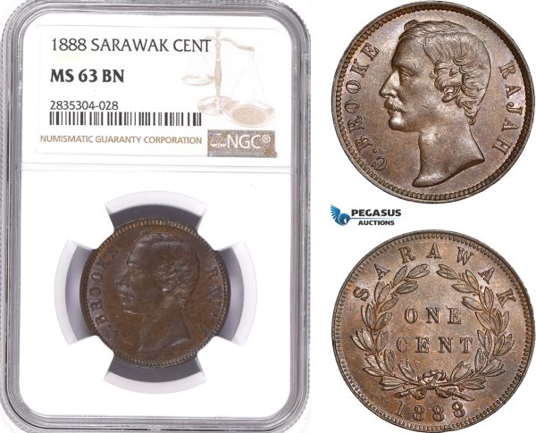 AE165, Sarawak, C. Brooke Rajah, 1 Cent 1888, NGC MS63BN