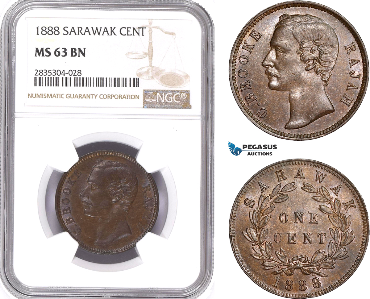 AE165, Sarawak, C. Brooke Rajah, 1 Cent 1888, NGC MS63BN