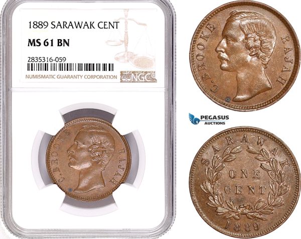 AE166, Sarawak, C. Brooke Rajah, 1 Cent 1889, NGC MS61BN