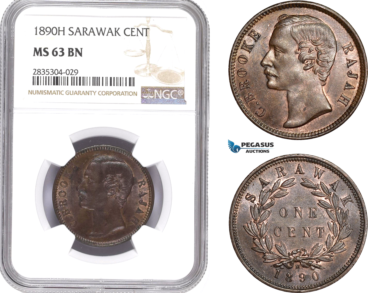 AE167, Sarawak, C. Brooke Rajah, 1 Cent 1890-H, Heaton, NGC MS63BN