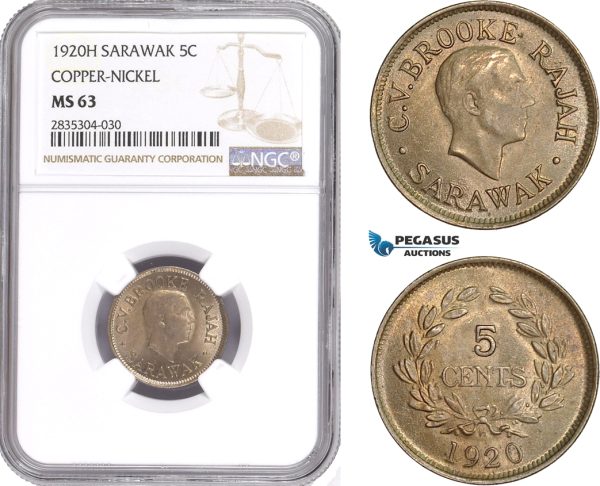 AE168, Sarawak, C.V. Brooke Rajah, 1 Cent 1920-H, Heaton, Copper-Nickel, NGC MS63, Rare!