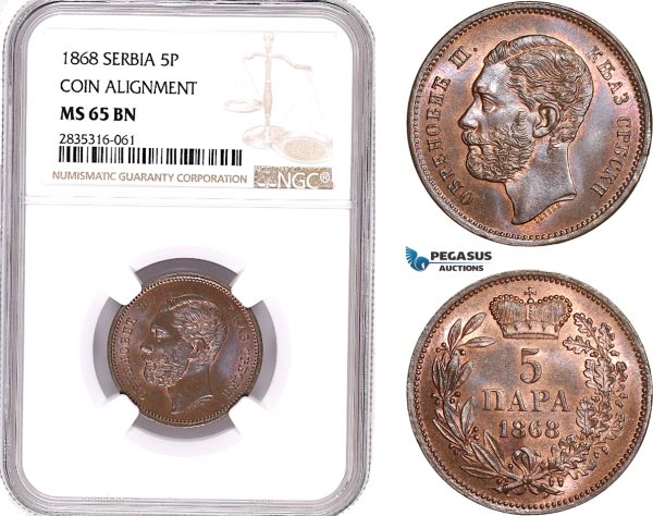 AE170, Serbia, M. Obrenovic III, 5 Para 1868, Coin Alignment, NGC MS65BN, Rare!