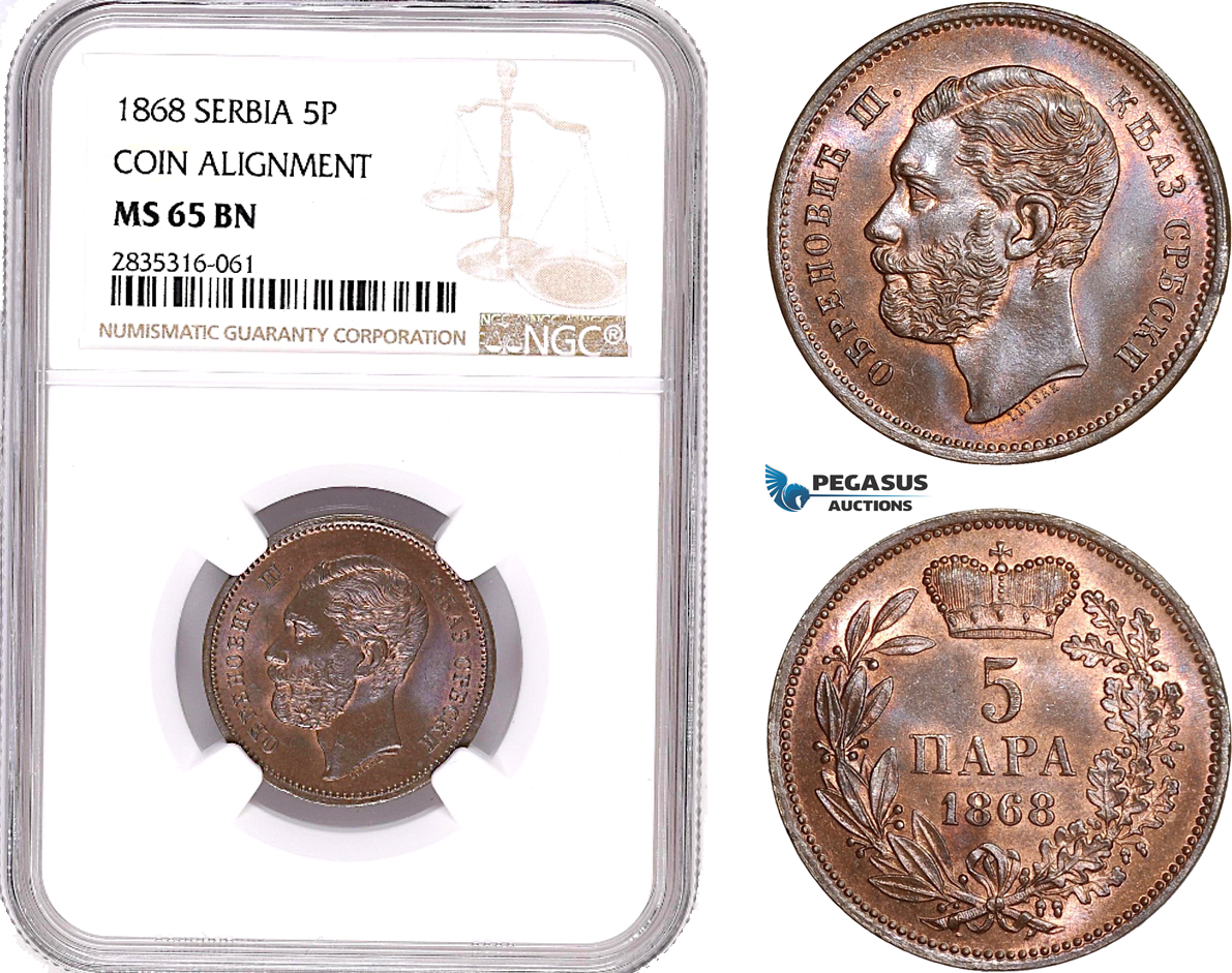 AE170, Serbia, M. Obrenovic III, 5 Para 1868, Coin Alignment, NGC MS65BN, Rare!