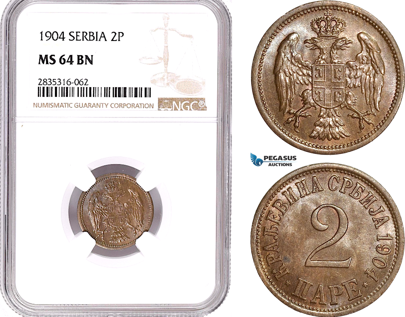AE171, Serbia, Alexandar I, 2 Para 1904, NGC MS64BN