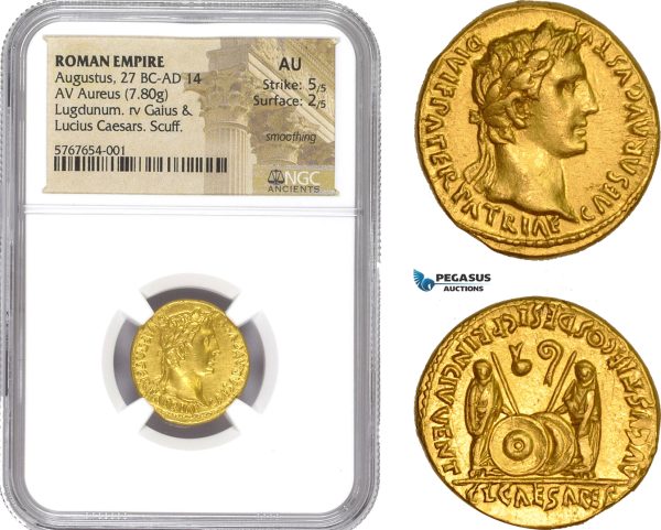 AE201, Roman Empire, Augustus (27 BC-14 AD) AV Aureus (7.80g) Struck 2 BC- 4 AD, Lugdunum, Shield, NGC AU