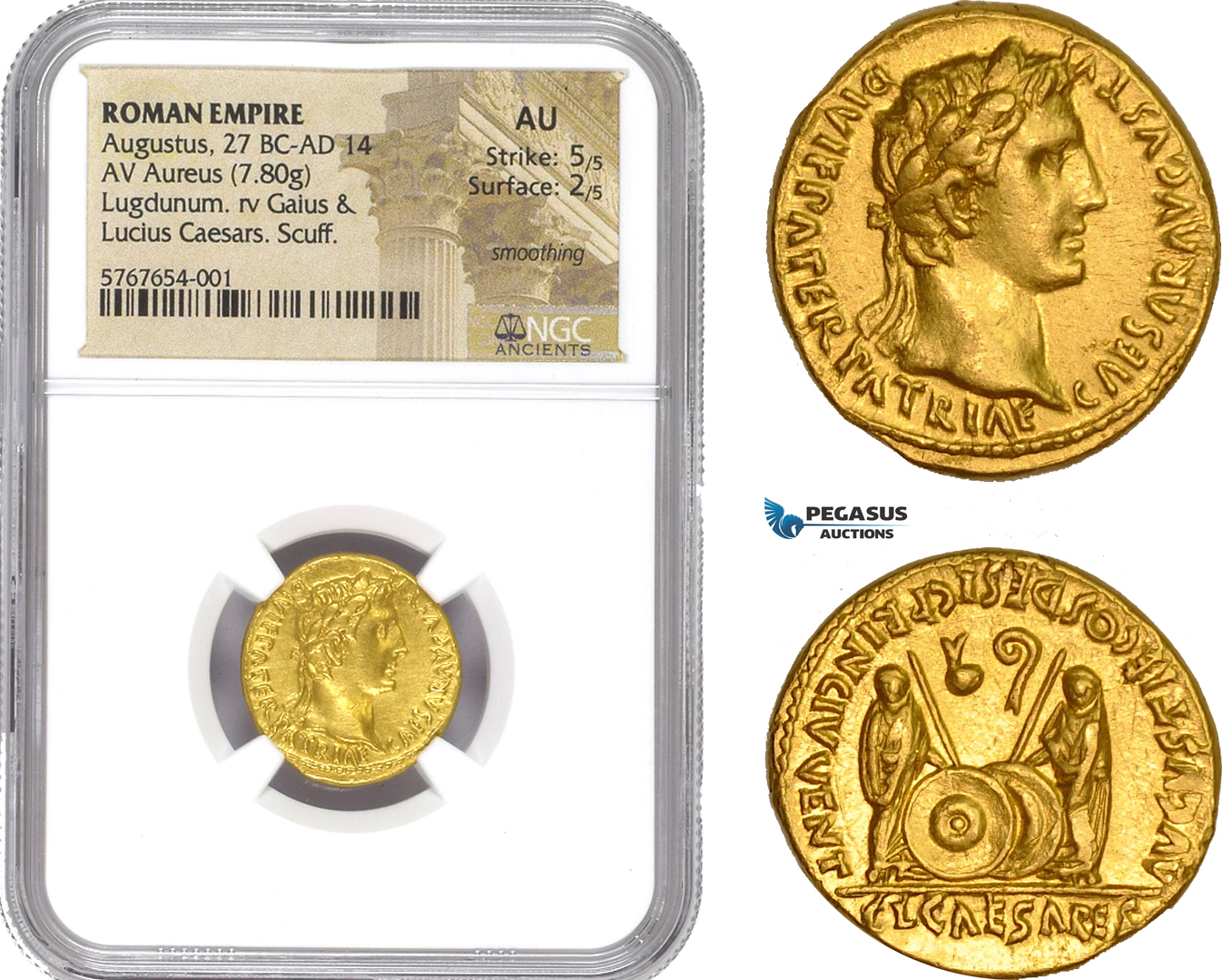 AE201, Roman Empire, Augustus (27 BC-14 AD) AV Aureus (7.80g) Struck 2 BC- 4 AD, Lugdunum, Shield, NGC AU
