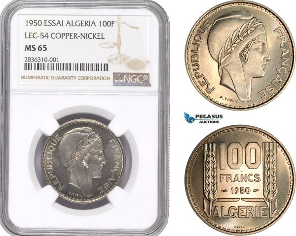 AE202, Algeria, Essai 100 Francs 1950, Paris, Copper-Nickel, Lec-54, NGC MS65, Pop 3/2