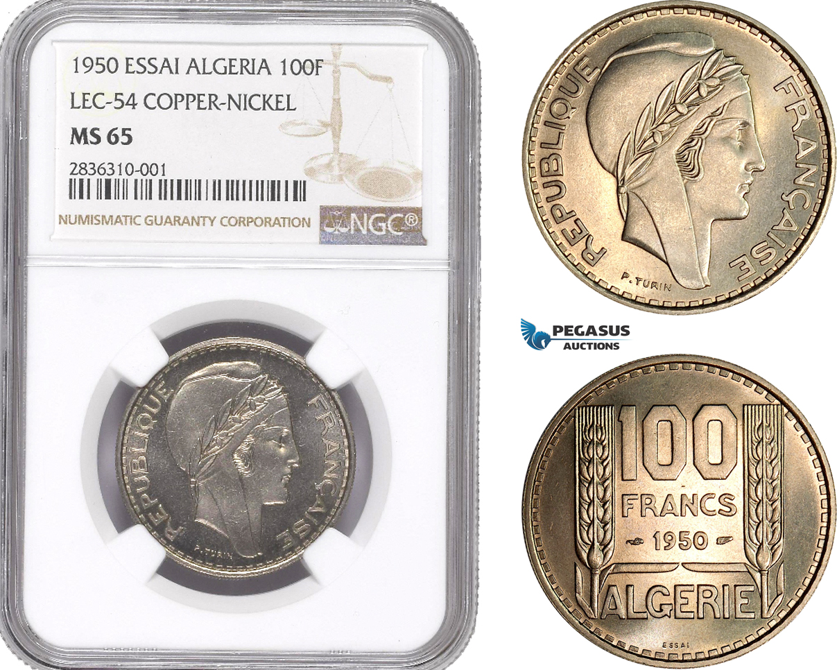 AE202, Algeria, Essai 100 Francs 1950, Paris, Copper-Nickel, Lec-54, NGC MS65, Pop 3/2