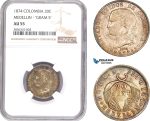 AE206, Colombia, 20 Centavos 1874, Medellin, Silver, NGC AU55, Pop 1/1