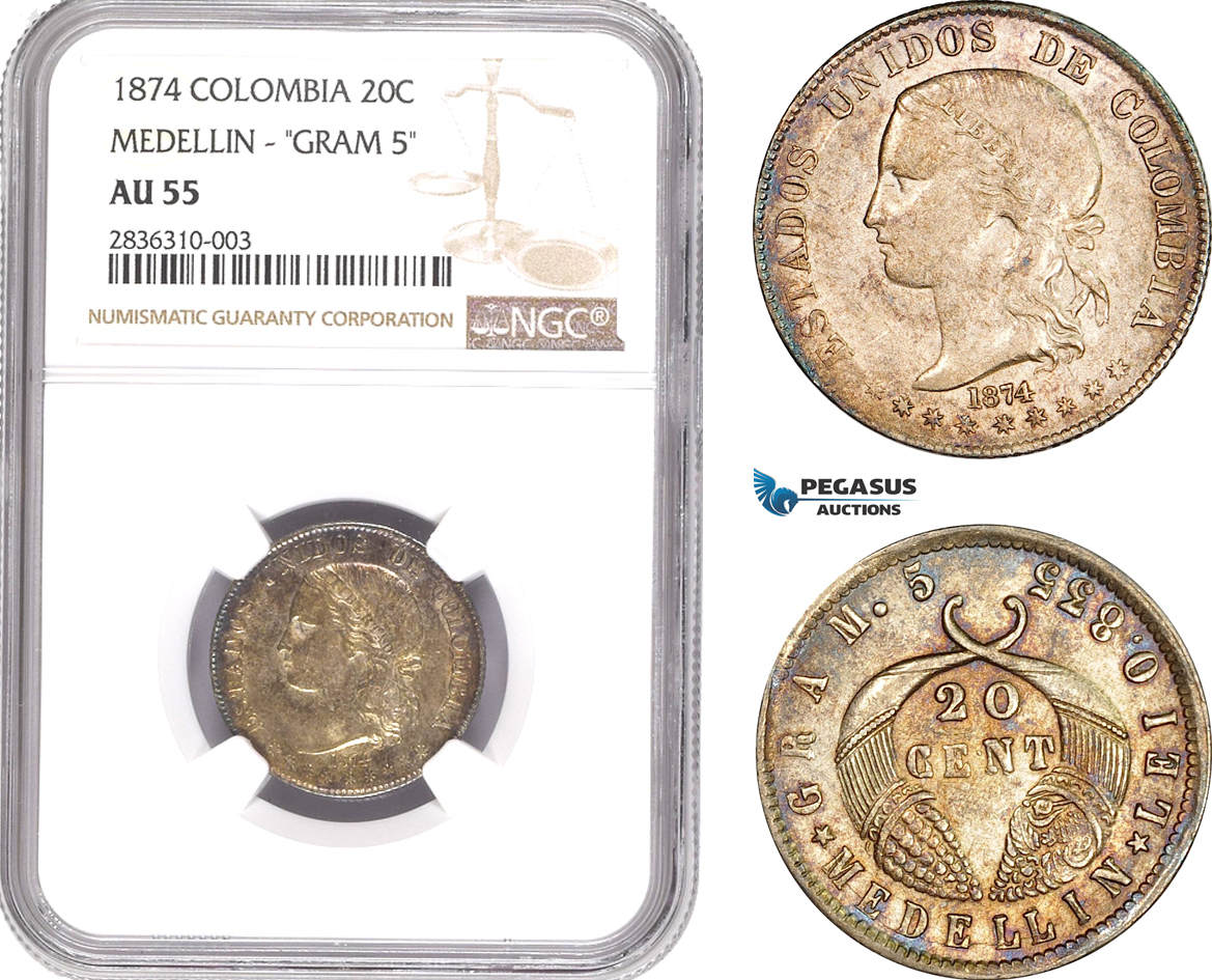 AE206, Colombia, 20 Centavos 1874, Medellin, Silver, NGC AU55, Pop 1/1