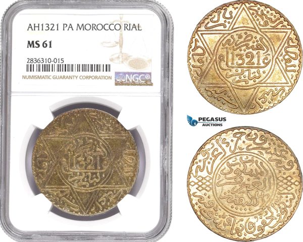 AE220, Morocco, Abd al-Aziz, 1 Rial AH1321-Pa, Paris, Silver, NGC MS61