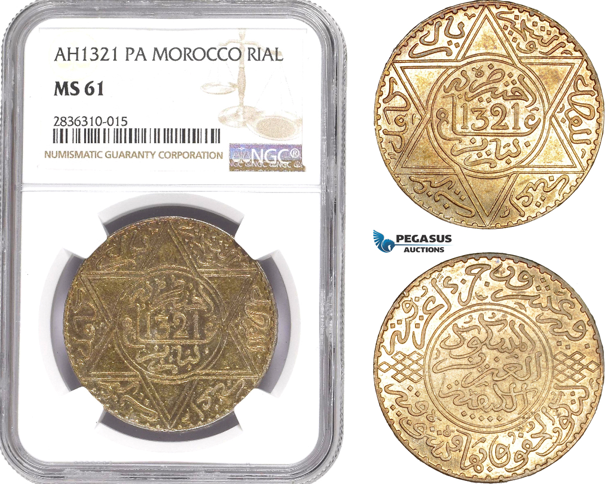 AE220, Morocco, Abd al-Aziz, 1 Rial AH1321-Pa, Paris, Silver, NGC MS61