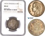 AE234, Venezuela, 50 Centavos 1873-A, Paris, Silver, NGC MS62, Very Rare!
