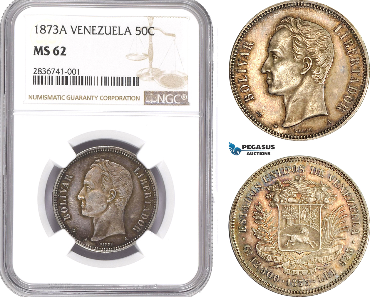 AE234, Venezuela, 50 Centavos 1873-A, Paris, Silver, NGC MS62, Very Rare!