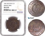 AE235, Argentina, Buenos Aires, 2 Reales 1844, NGC MS63BN, Pop 1/0
