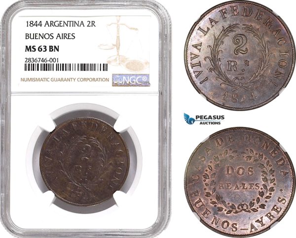 AE235, Argentina, Buenos Aires, 2 Reales 1844, NGC MS63BN, Pop 1/0