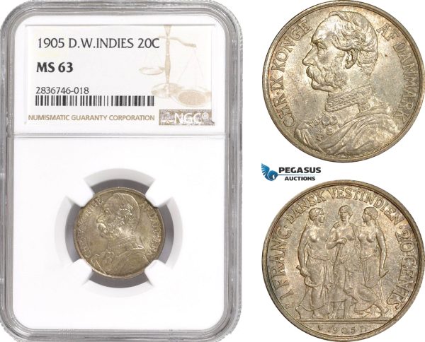 AE244, Danish West Indies, Christian IX, 1 Franc - 20 Cents 1905, Copenhagen, Silver, NGC MS63