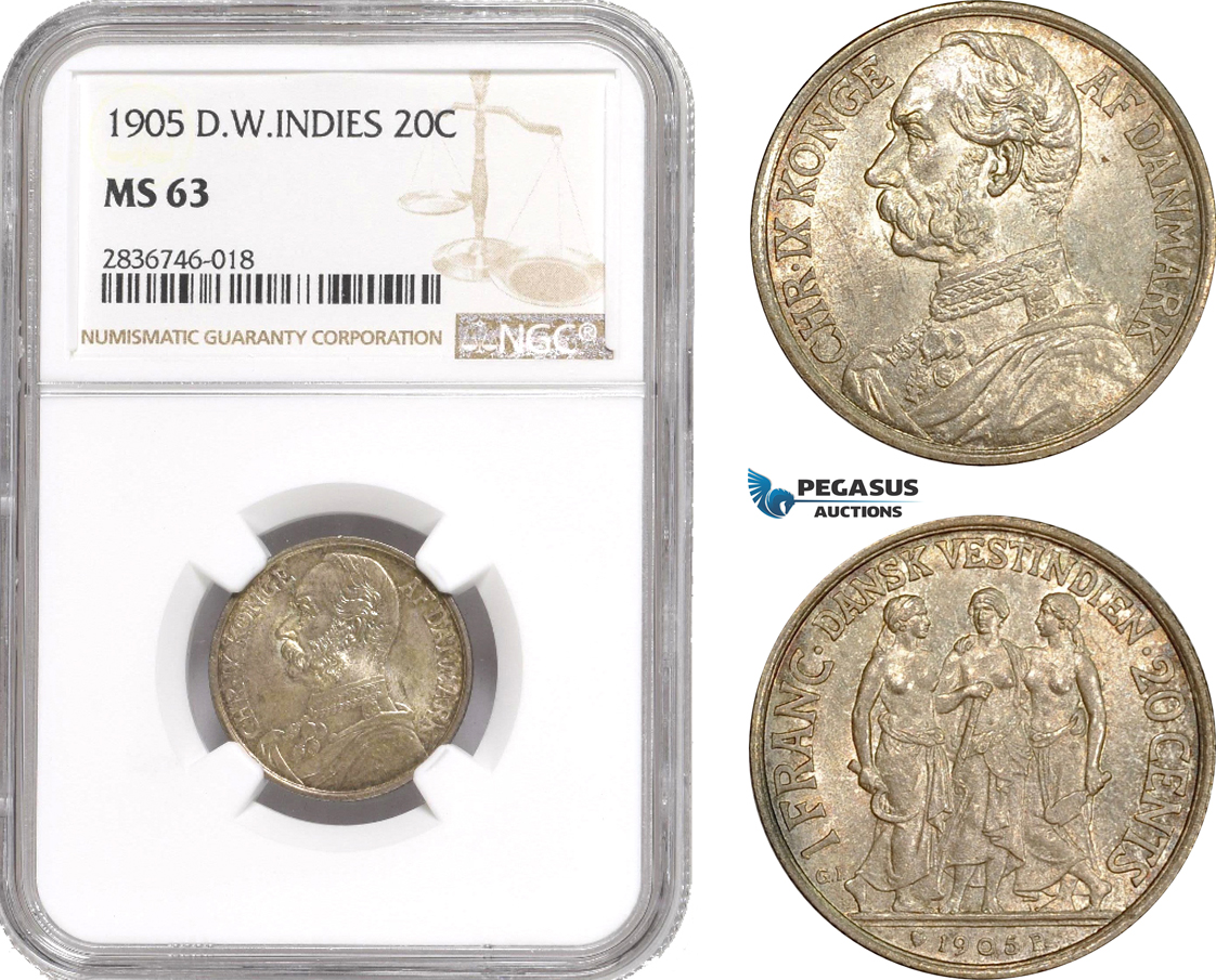 AE244, Danish West Indies, Christian IX, 1 Franc - 20 Cents 1905, Copenhagen, Silver, NGC MS63
