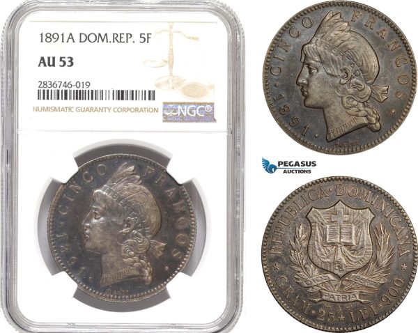 AE245, Dominican Republic, 5 Francos 1891-A, Paris, Silver, NGC AU53