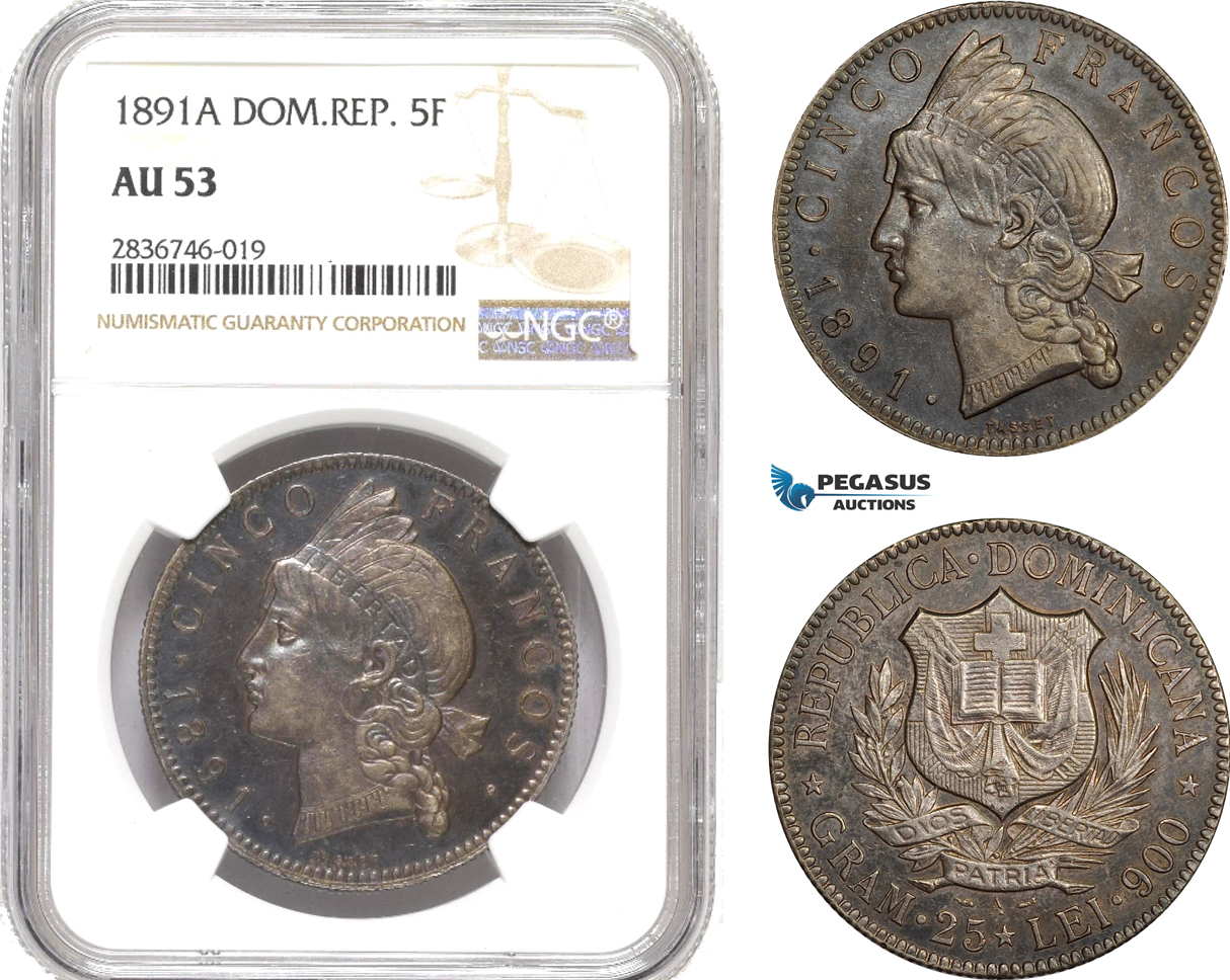 AE245, Dominican Republic, 5 Francos 1891-A, Paris, Silver, NGC AU53