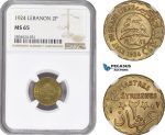 AE262, Lebanon, 2 Piastres 1924, NGC MS65