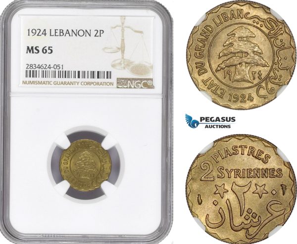 AE262, Lebanon, 2 Piastres 1924, NGC MS65