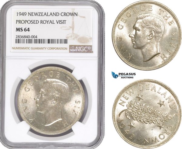 AE267, New Zealand, George VI, Crown 1949, Silver, Proposed Royal Visit, NGC MS64