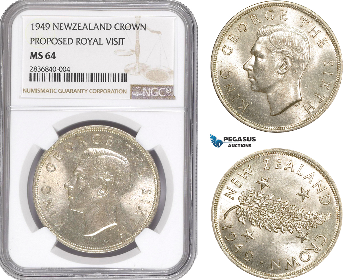 AE267, New Zealand, George VI, Crown 1949, Silver, Proposed Royal Visit, NGC MS64