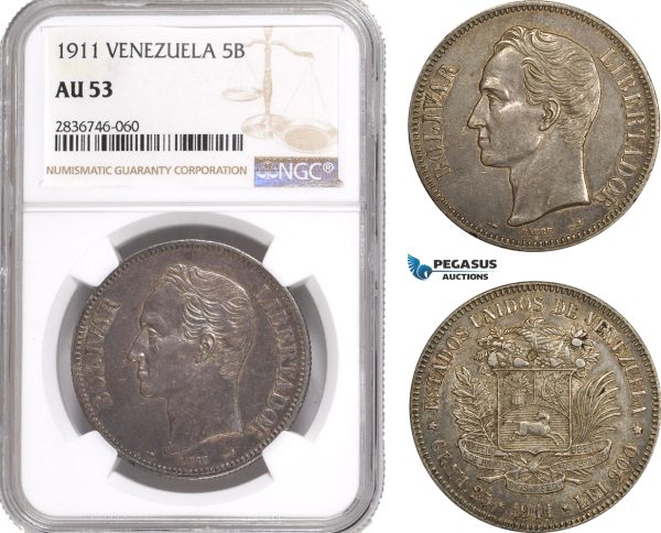 AE289, Venezuela, 5 Bolivares 1911, Paris, Silver, NGC AU53