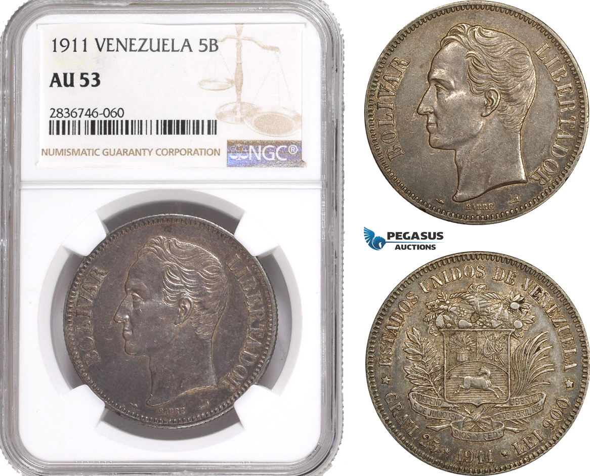 AE289, Venezuela, 5 Bolivares 1911, Paris, Silver, NGC AU53
