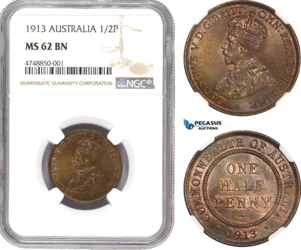 AE293, Australia, George V, 1/2 Penny 1913, London, NGC MS62BN, Pop 1/0
