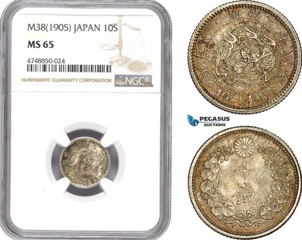 AE325, Japan, Meiji, 10 Sen Yr. 38 (1905) Silver, NGC MS65